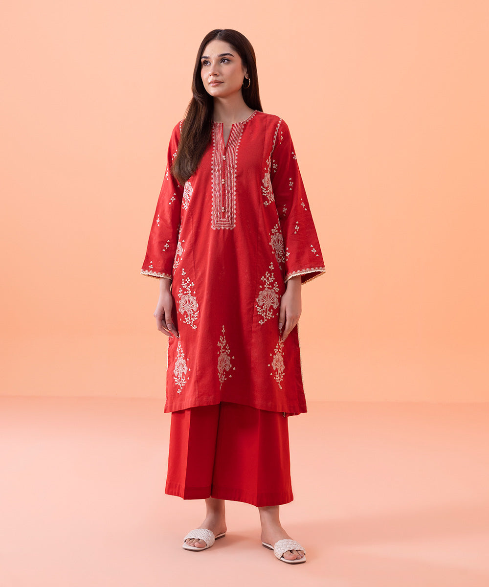 Women's Intermix Pret Linen Embroidered Cotton Linen Red Shirt