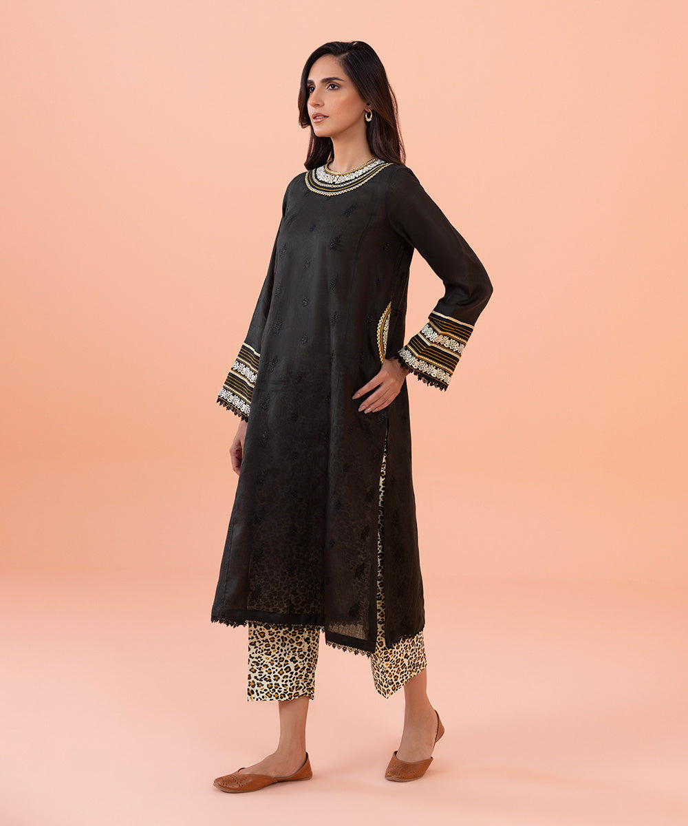 Women's Intermix Pret Linen Embroidered Cotton Linen Black 2 Piece Suit