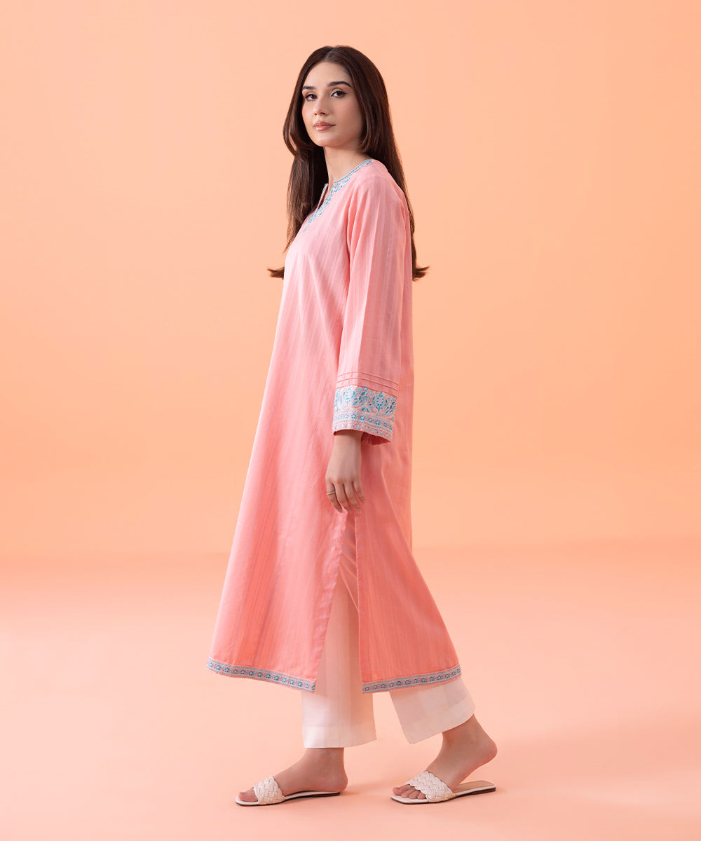 Women's Intermix Pret Embroidered Textured Cotton Tea Pink Shirt