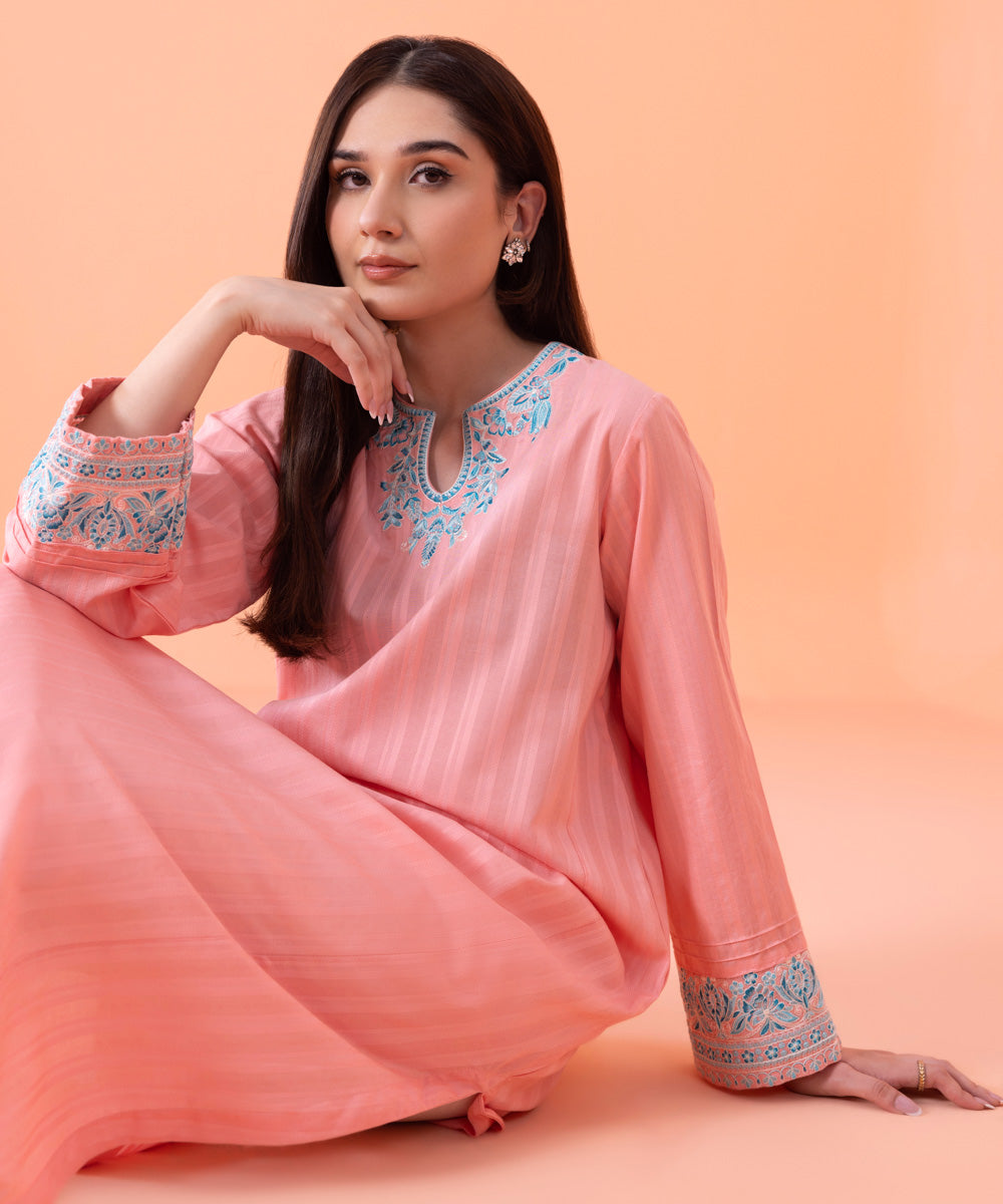 Women's Intermix Pret Embroidered Textured Cotton Tea Pink Shirt