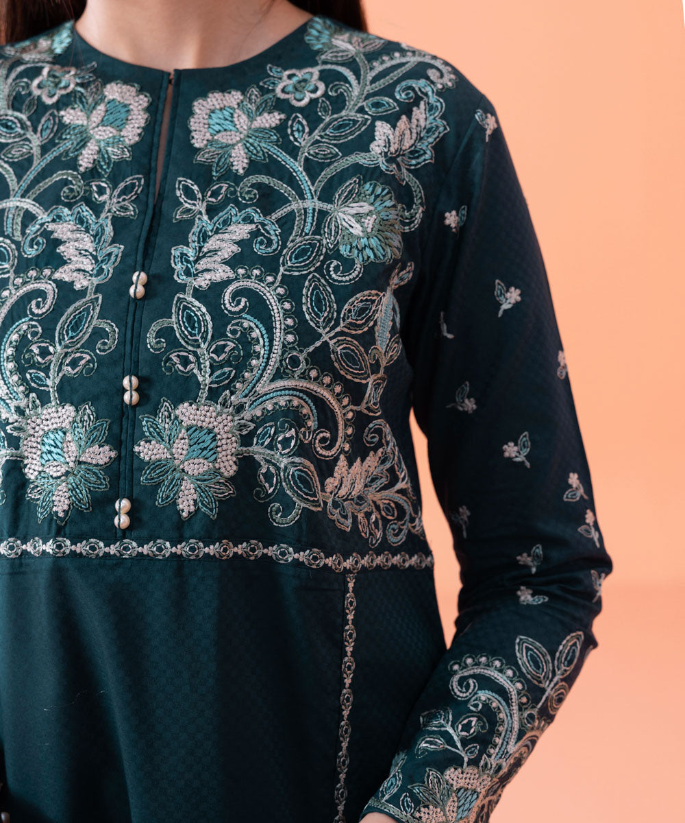 Women's Intermix Pret Embroidered Textured Cotton Blue Shirt