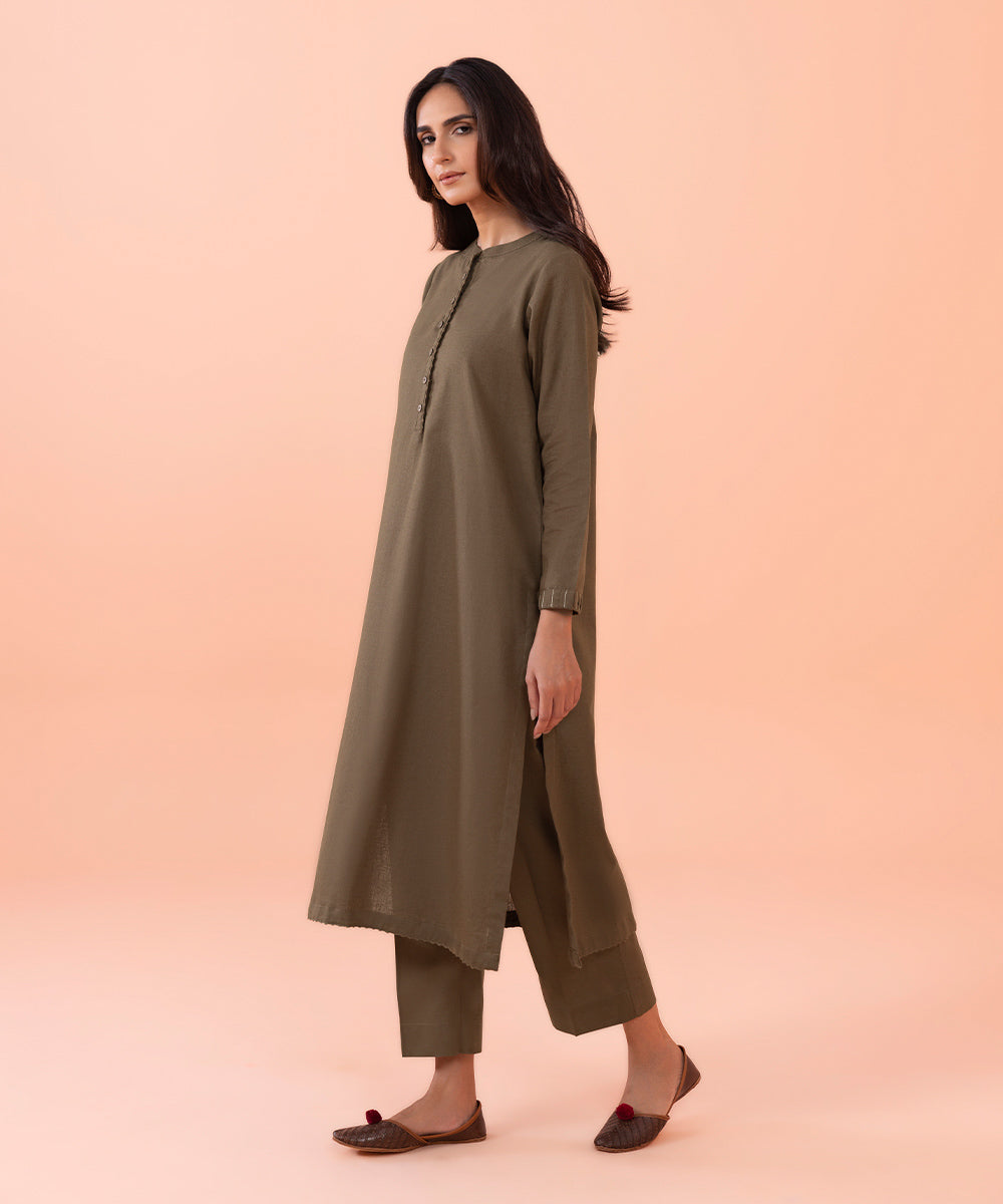 Women's Intermix Pret Linen Solid Cotton Linen Brown 2 Piece Suit