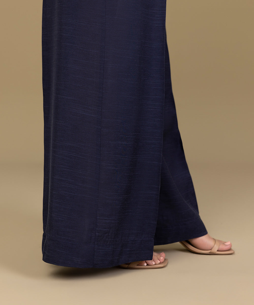 Women's Pret Viscose Raw Silk Blue Culottes
