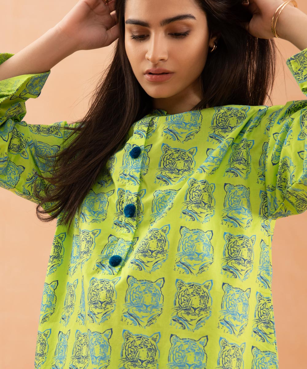 Women's Intermix Pret Cotton Printed Green Shirt