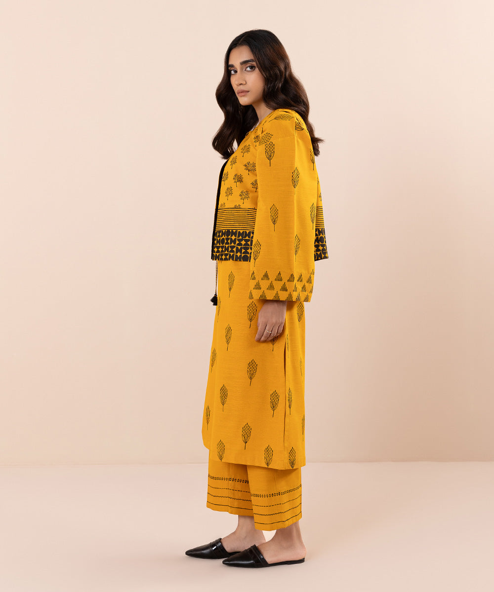 Women's Pret Khaddar Block Printed Yellow Women's Waistcoat