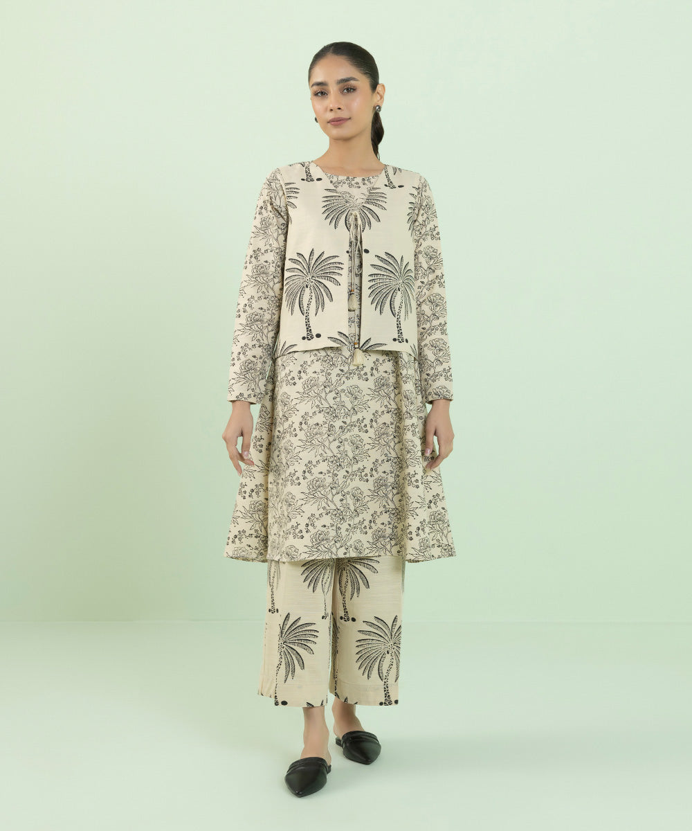Women's Pret Khaddar Block Printed Beige Women's Waistcoat