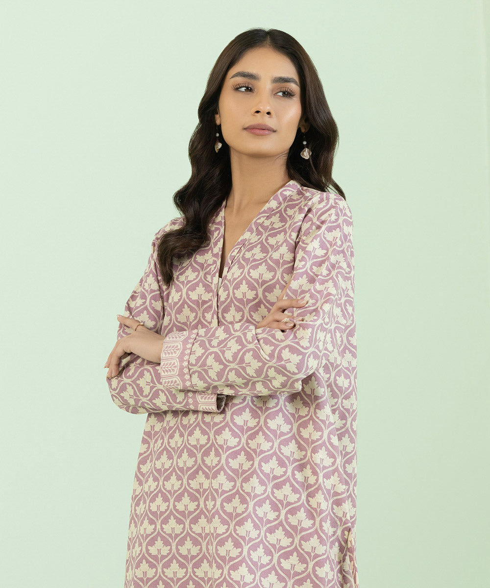 Women's Pret Khaddar Printed Purple Straight Shirt