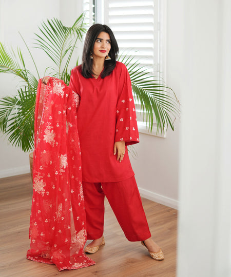 2 Piece - Embroidered Raw Silk Suit