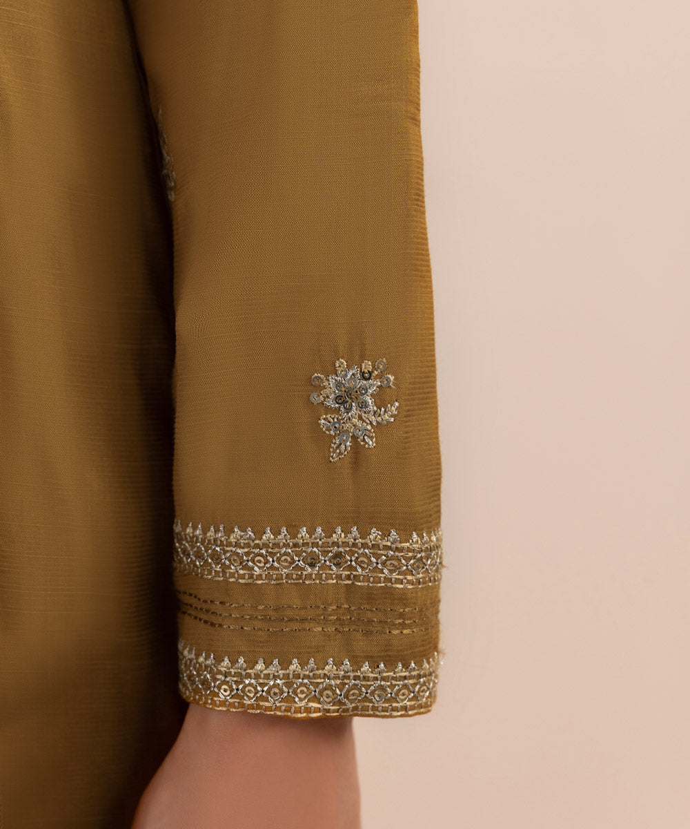 Women's Pret Viscose Raw Silk Embroidered Brown 2 Piece Suit