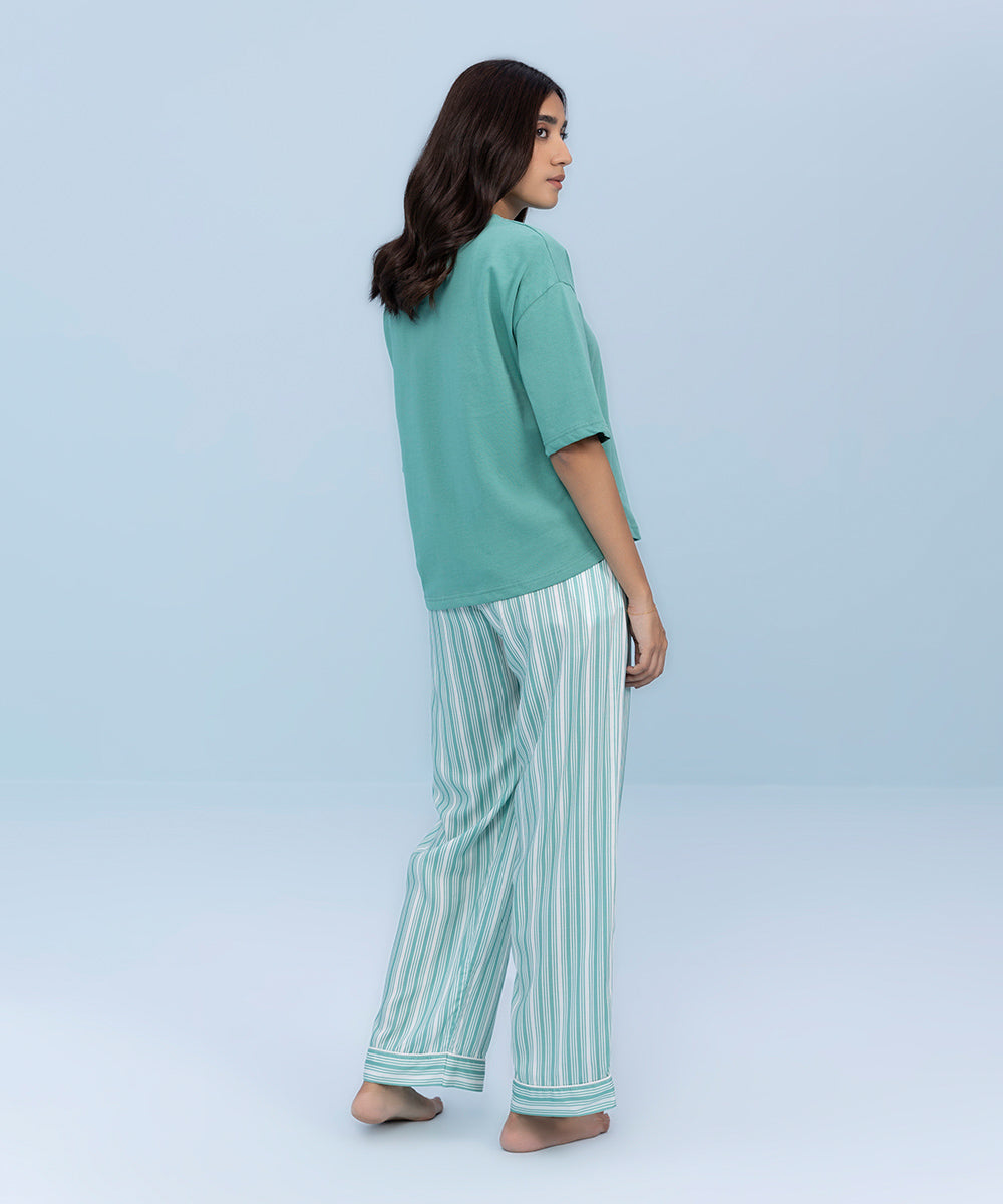 Women's Sleepwear Green and White Striped Viscose Pajamas