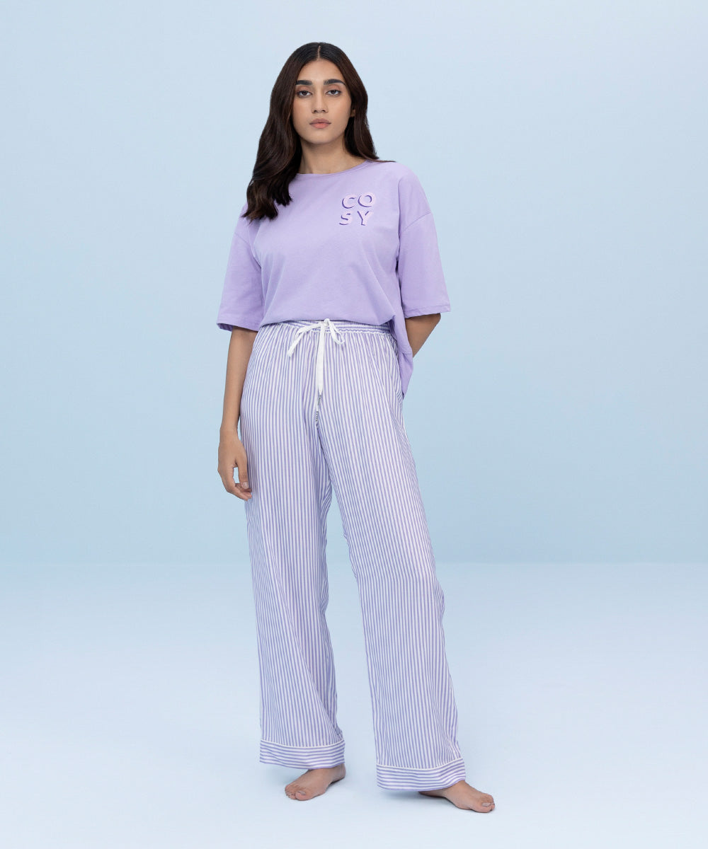 Women's Sleepwear White and Lilac Striped Viscose Printed Pajamas