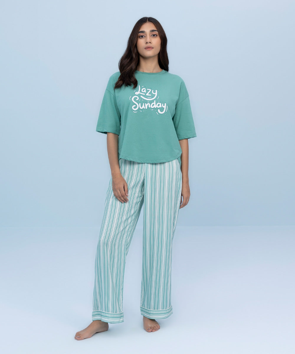 Women's Sleepwear Green and White Printed Cotton T-Shirt
