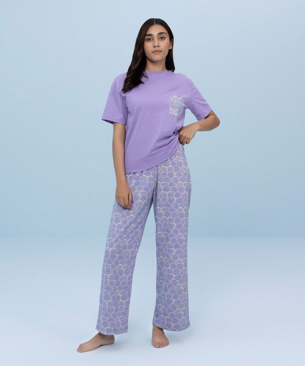Women's Sleepwear Lilac Cotton T-Shirt With Printed Pocket