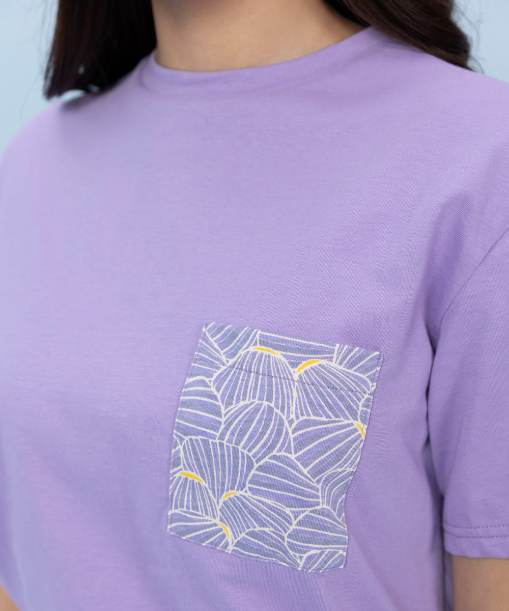 Women's Sleepwear Lilac Cotton T-Shirt With Printed Pocket