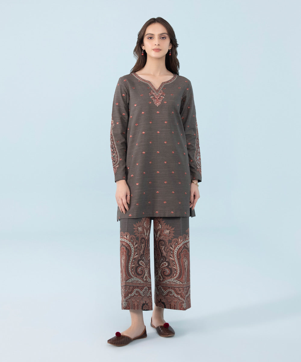 Women's Winter Unstitched Embroidered Light Khaddar Grey 2 Piece Suit