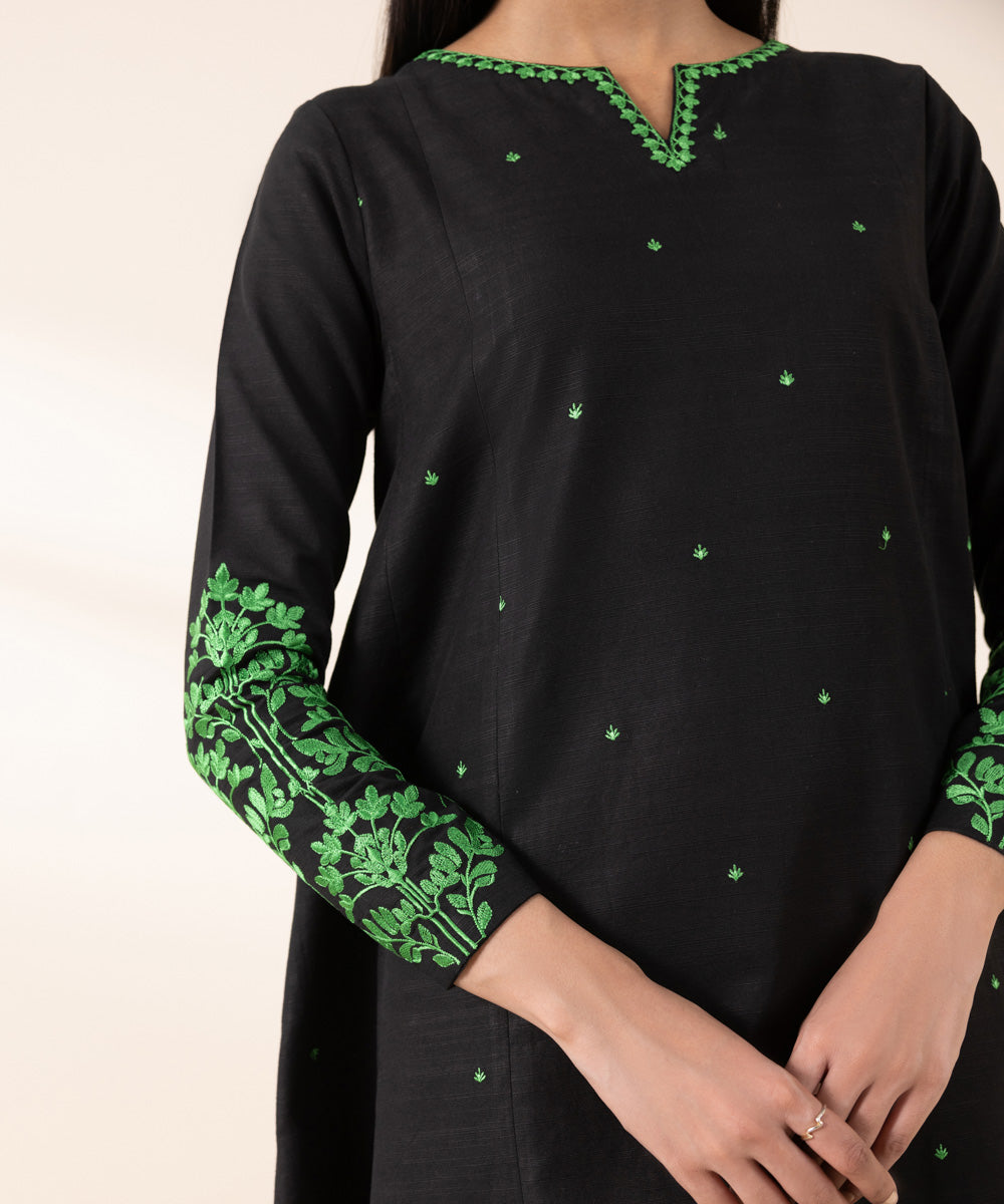 Women's Unstitched Light Khaddar Black Embroidered 2 Piece Suit 