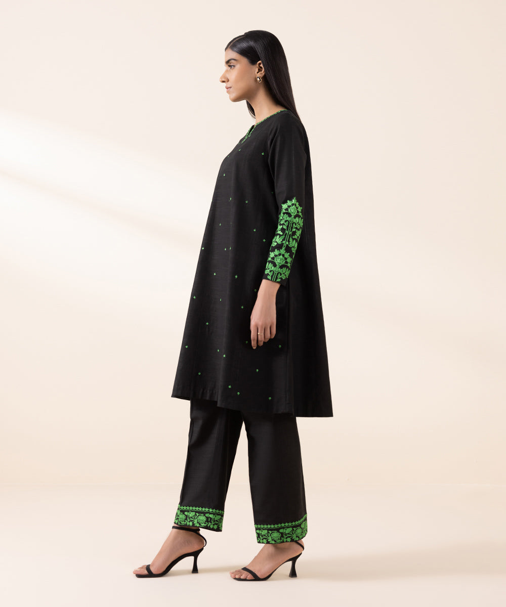 Women's Unstitched Light Khaddar Black Embroidered 2 Piece Suit 