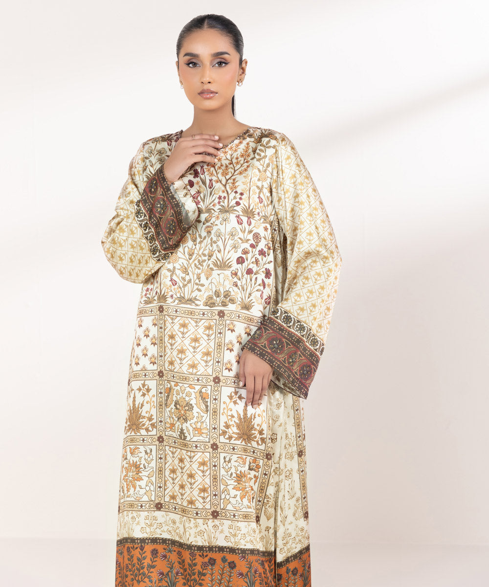 Women's Pret Blended Satin Printed Beige 2 Piece Suit