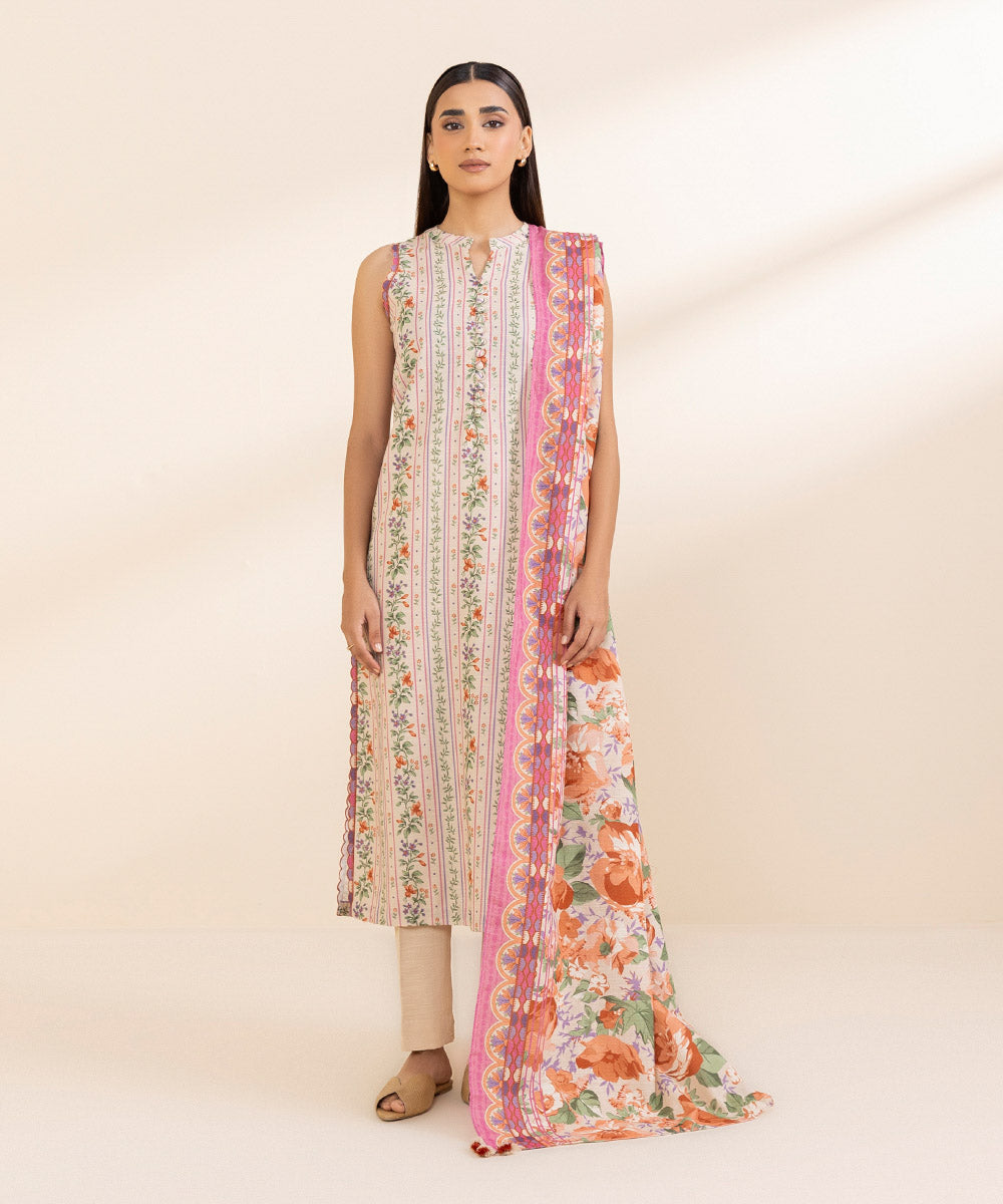 Women's Unstitched Printed Ivory Khaddar Shirt and Dupatta