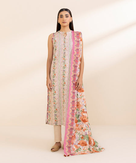 Women's Unstitched Printed Ivory Khaddar Shirt and Dupatta