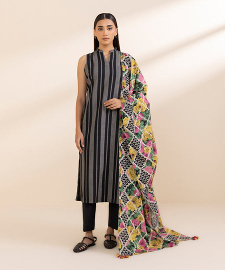 Women's Unstitched Printed Midnight Blue Khaddar Shirt and Dupatta