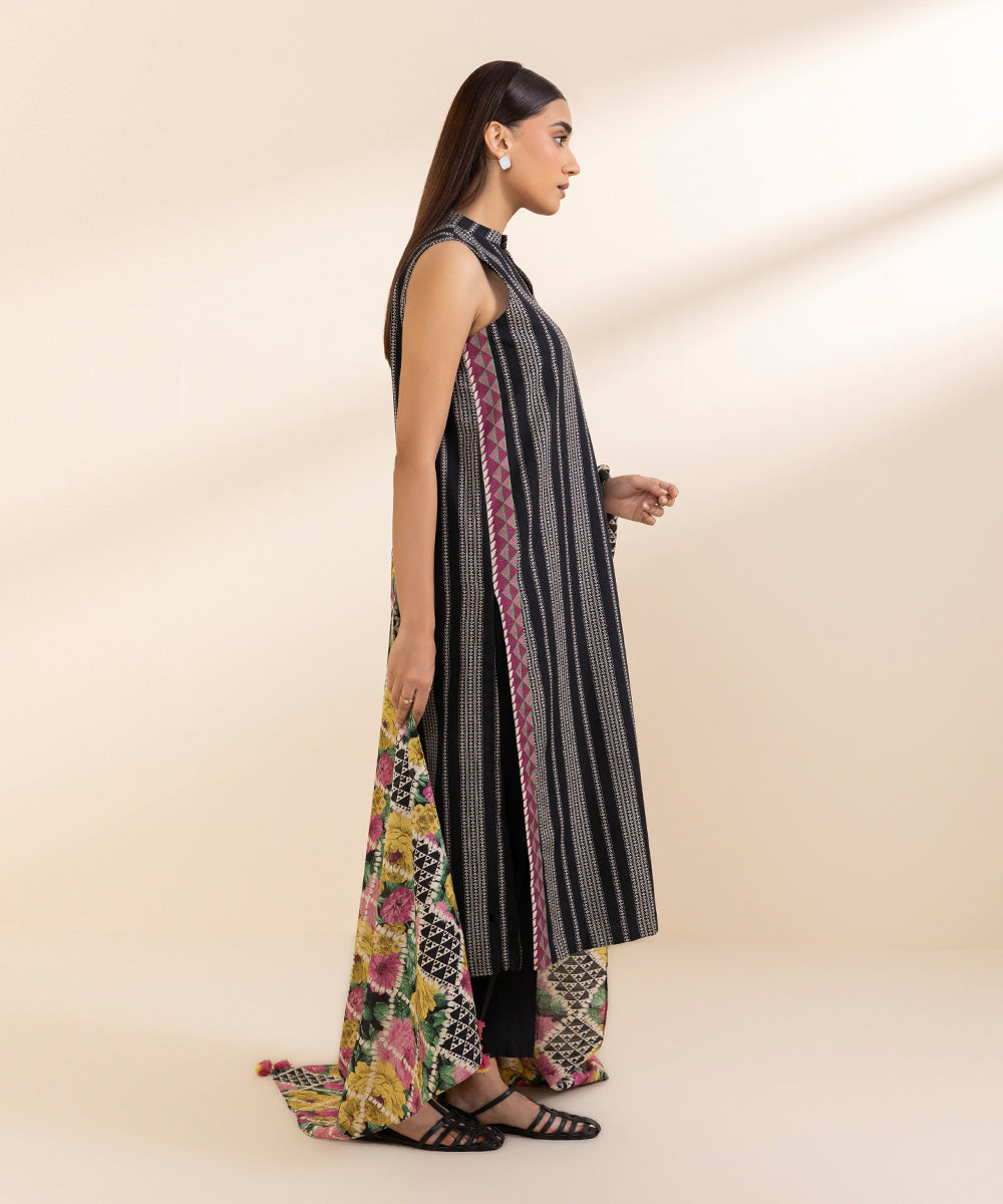 Women's Unstitched Printed Midnight Blue Khaddar Shirt and Dupatta