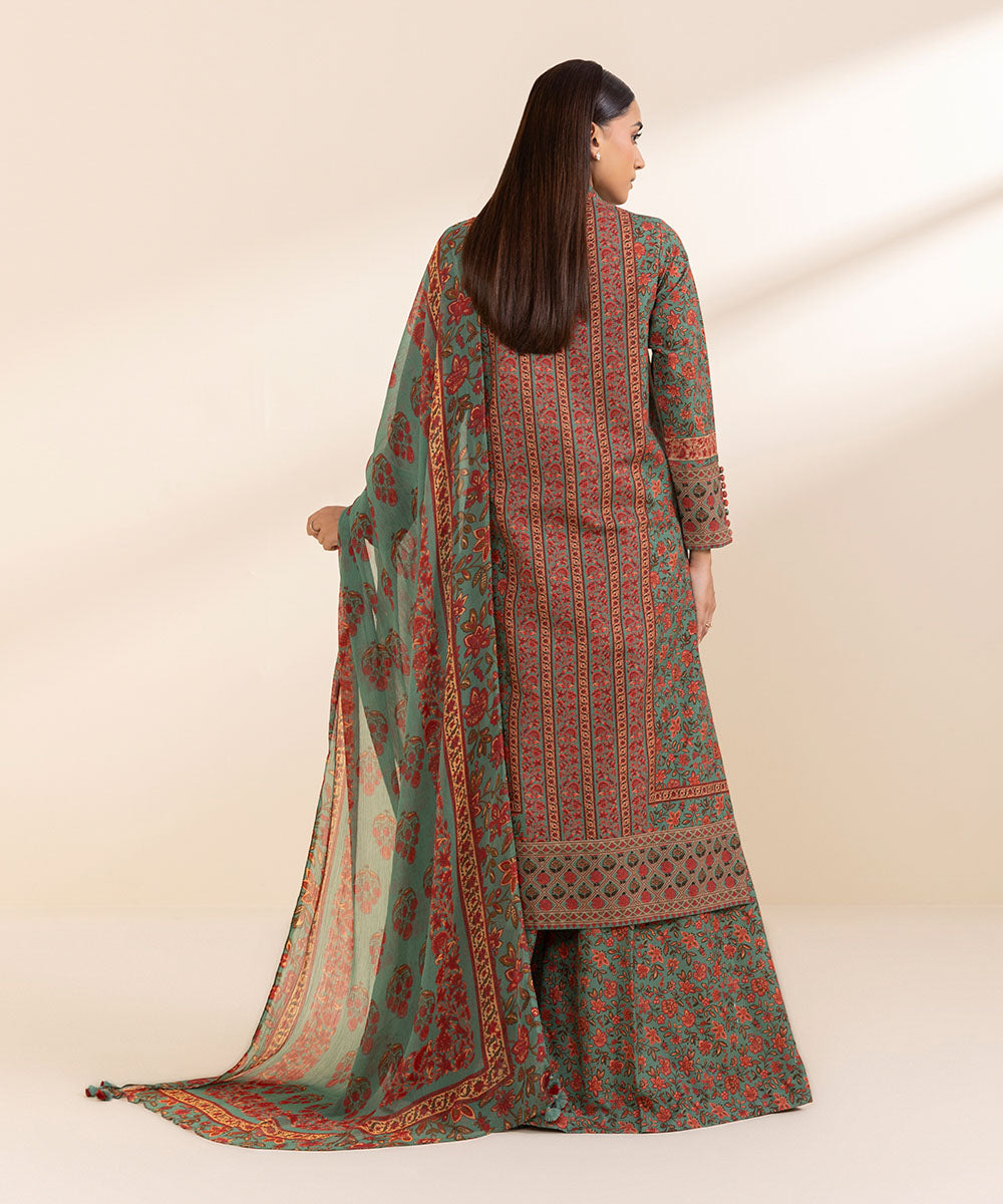 Women's Unstitched Printed Moss Green And Rust Khaddar Shirt and Dupatta