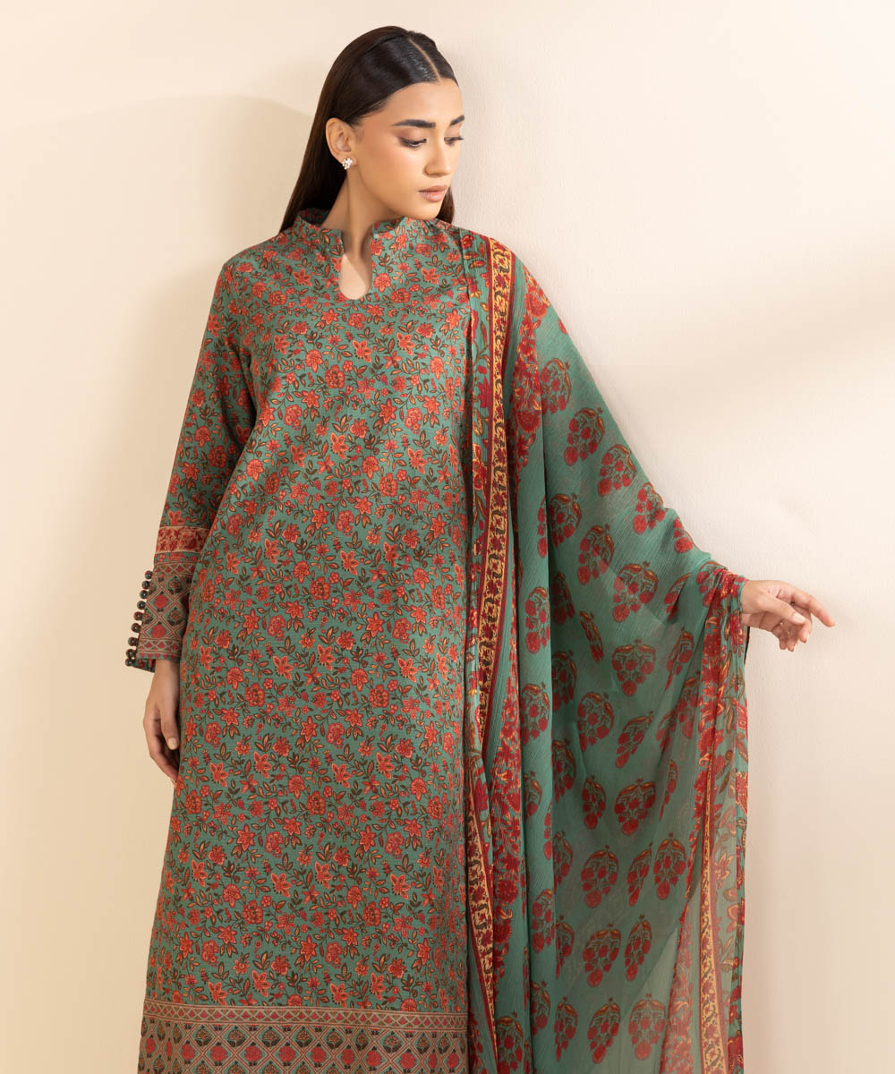 Women's Unstitched Printed Moss Green And Rust Khaddar Shirt and Dupatta