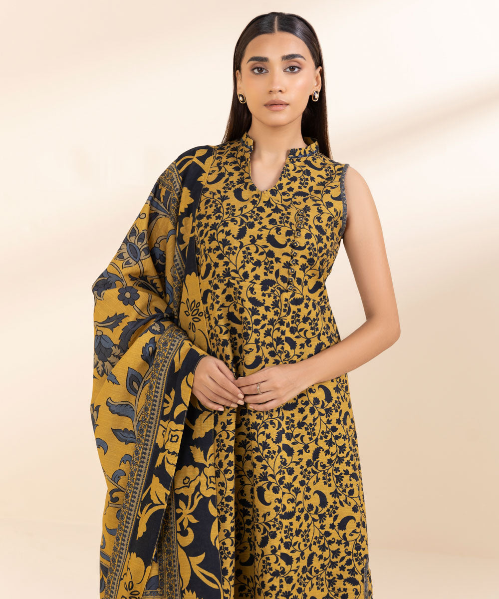 Women's Unstitched Printed Dijon Yellow Khaddar Shirt and Dupatta