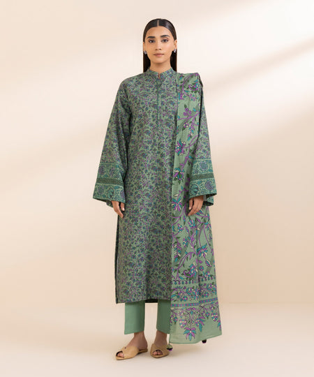 Women's Unstitched Printed Sage Green Khaddar Shirt and Dupatta