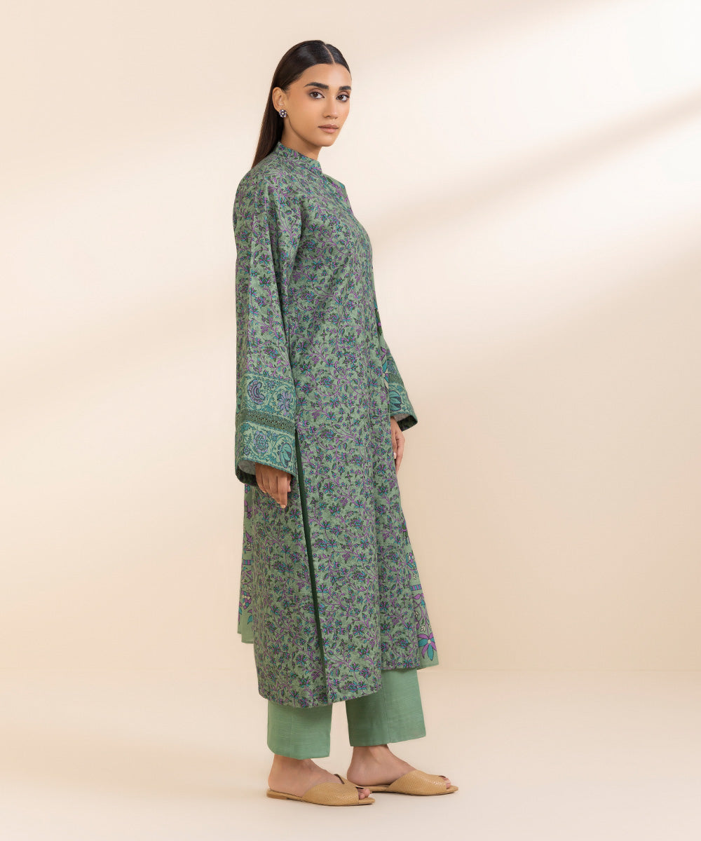 Women's Unstitched Printed Sage Green Khaddar Shirt and Dupatta