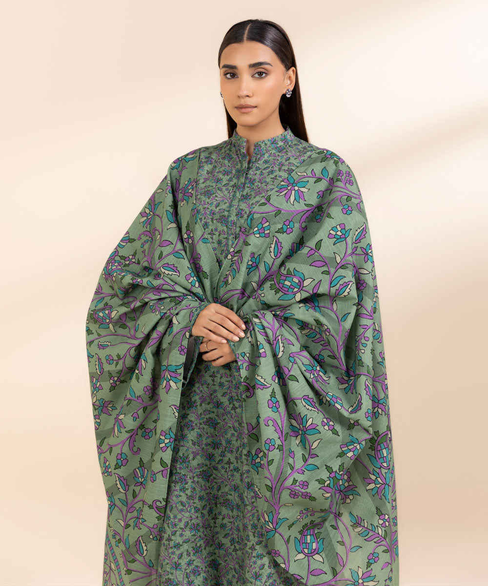 Women's Unstitched Printed Sage Green Khaddar Shirt and Dupatta