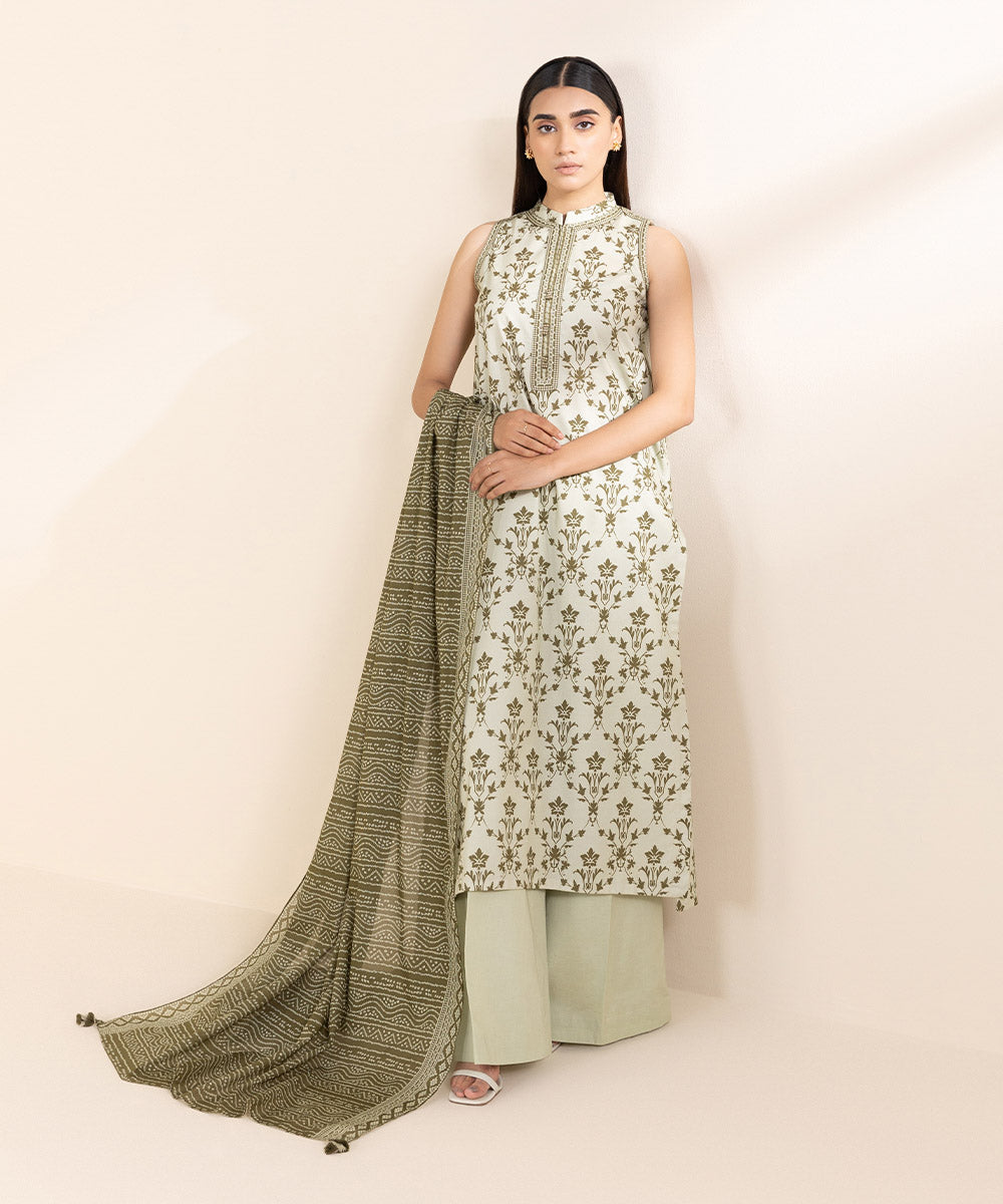 Women's Unstitched Lawn Green Printed 2 Piece Suit