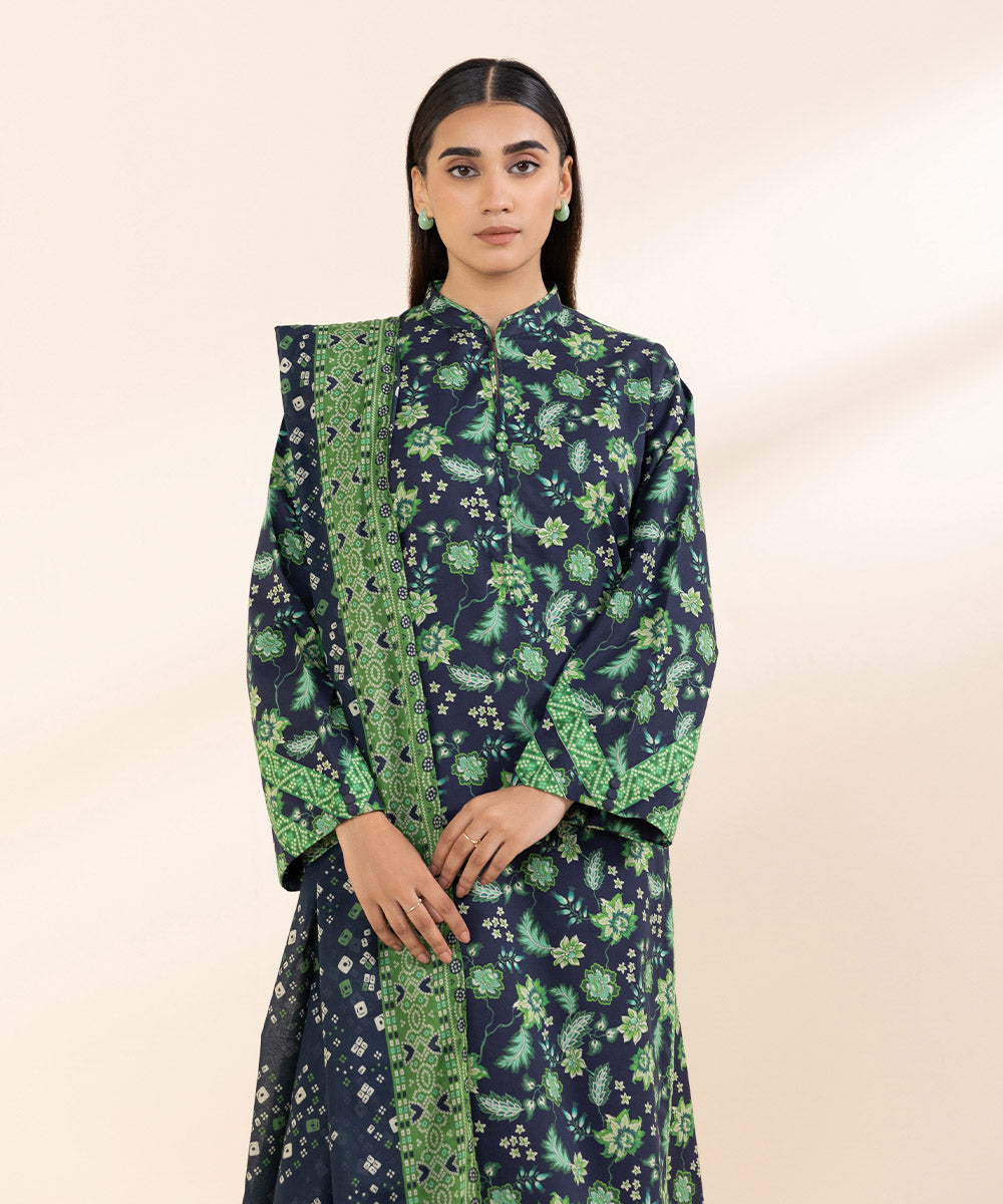 Women's Unstitched Lawn Blue Printed 2 Piece Suit