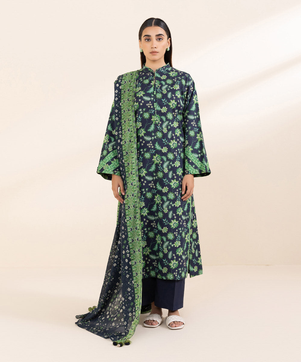 Women's Unstitched Lawn Blue Printed 2 Piece Suit