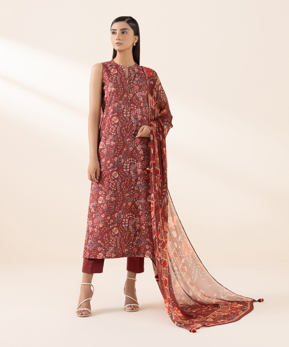 Women's Unstitched Lawn Red Printed 2 Piece Suit