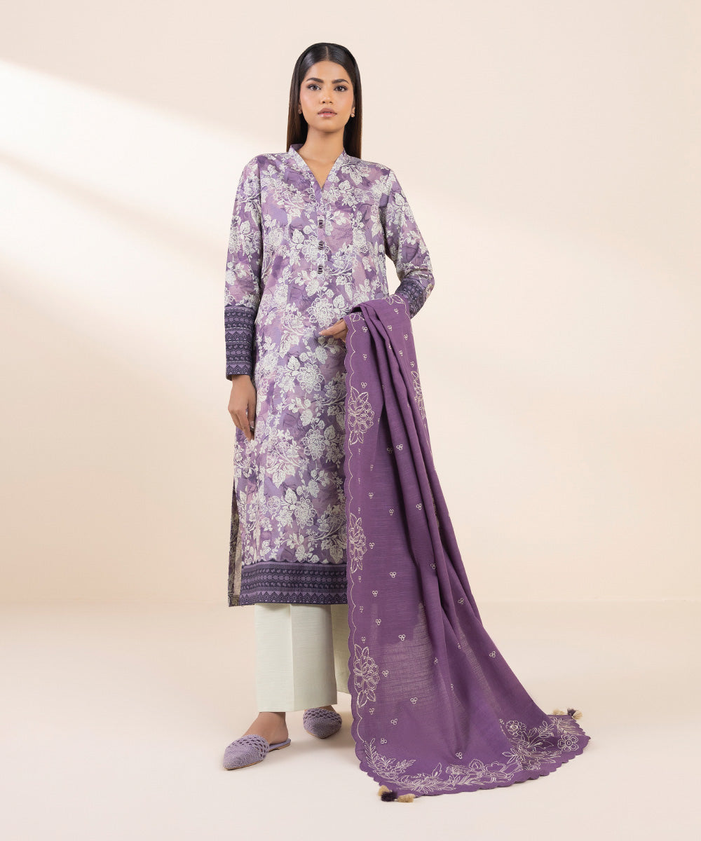 Women's Unstitched Embroidered Lavender Dobby Shirt Dupatta