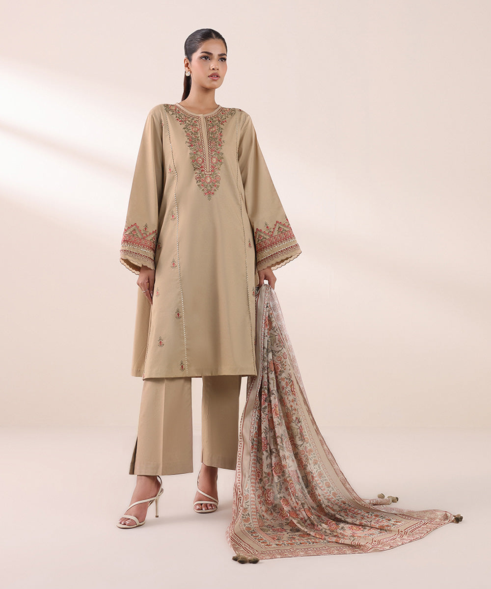 Women's Unstitched Cambric Beige Embroidered 2 Piece Suit