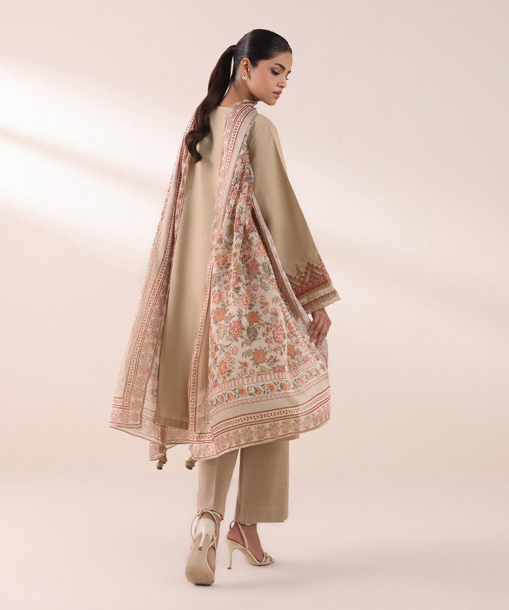 Women's Unstitched Cambric Beige Embroidered 2 Piece Suit