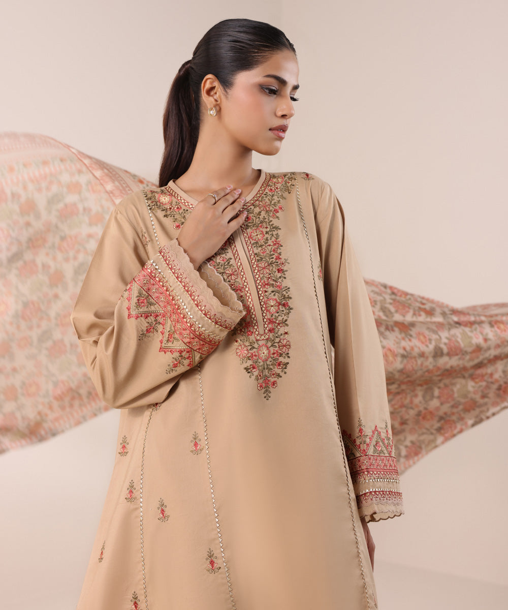 Women's Unstitched Cambric Beige Embroidered 2 Piece Suit