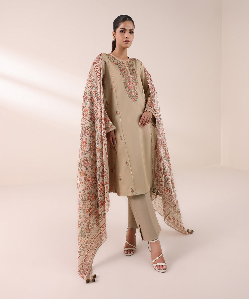 Women's Unstitched Cambric Beige Embroidered 2 Piece Suit