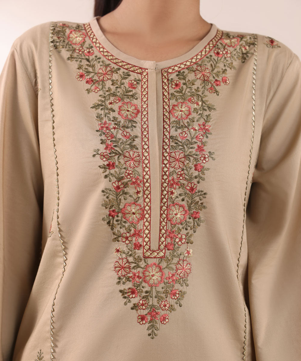 Women's Unstitched Cambric Beige Embroidered 2 Piece Suit