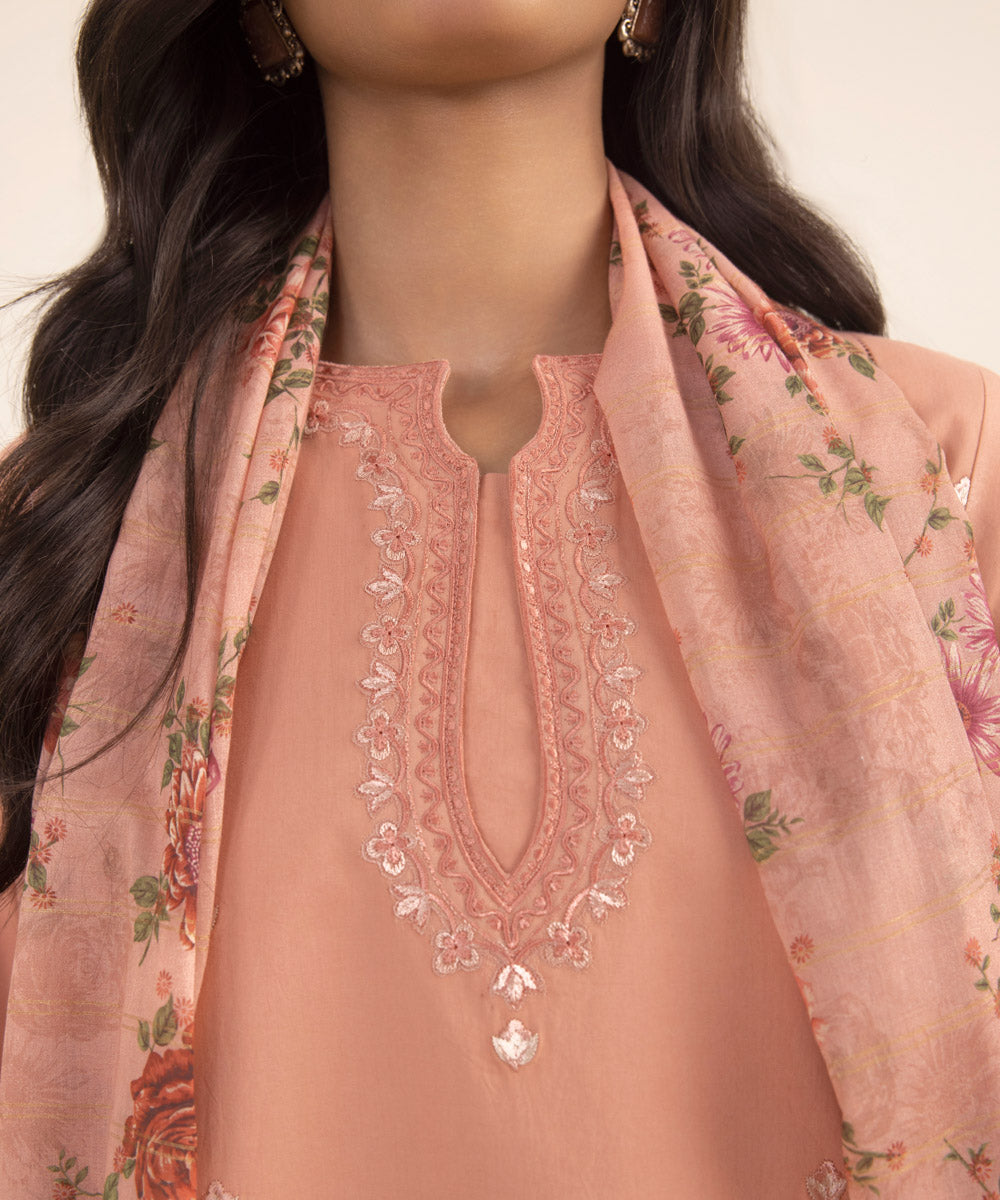 Women's Intermix Unstitched Cambric Pink 3 Piece Suit