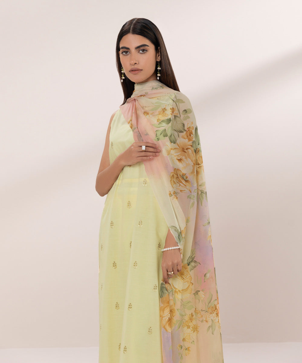 Women's Unstitched Lawn Embroidered Yellow 3 Piece Suit