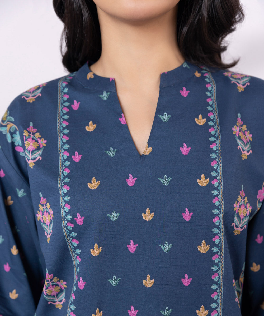 Women's Unstitched Lawn Embroidered Navy Blue 2 Piece Suit