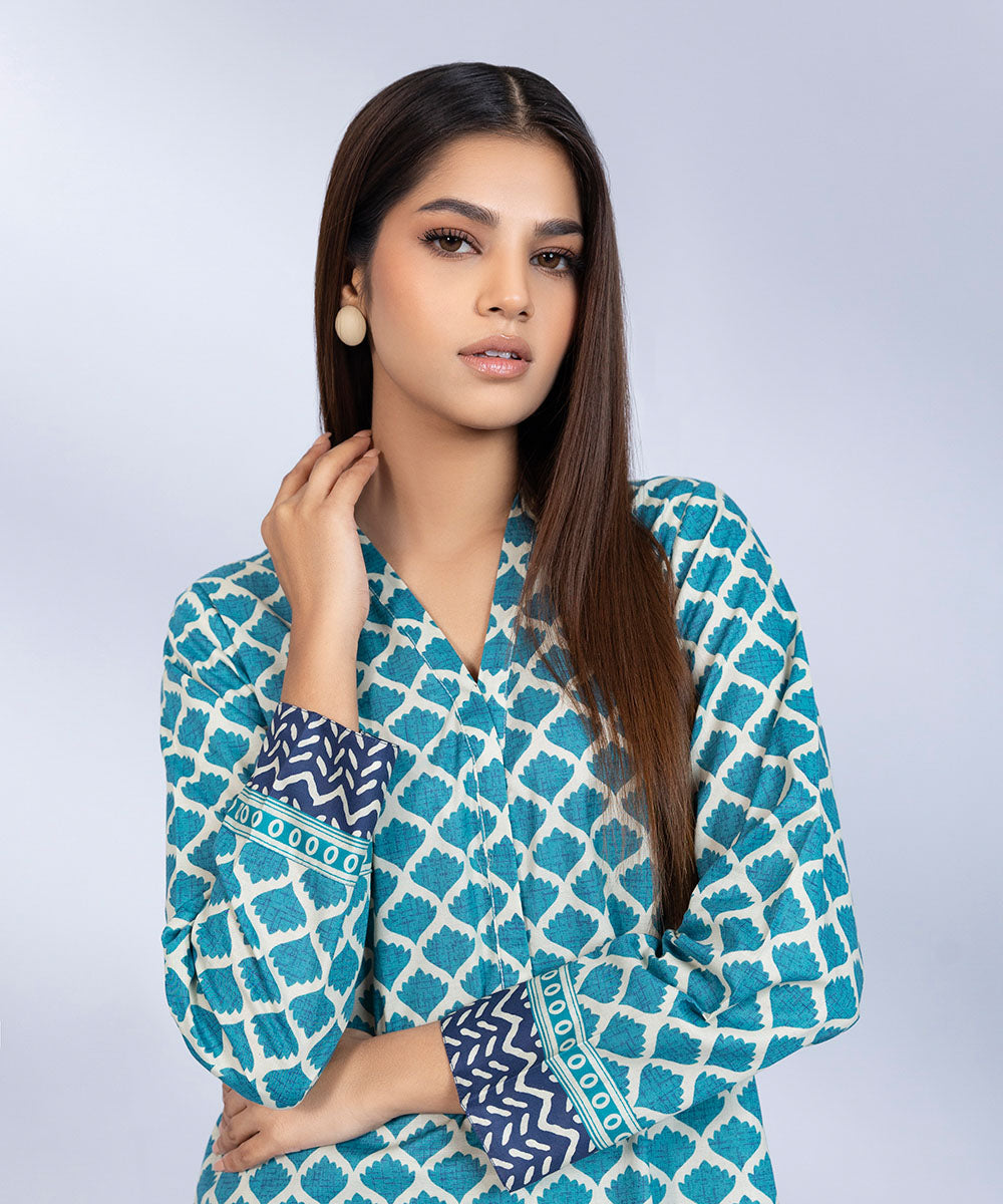 Women's Pret Cambric Printed Blue Straight Shirt