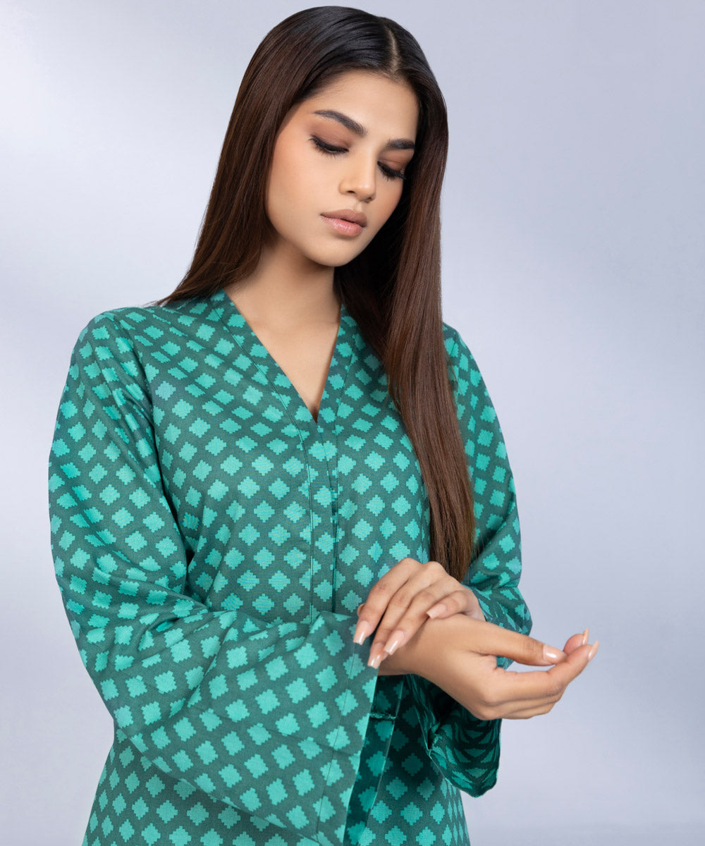Women's Pret Cambric Printed Green A-Line Shirt