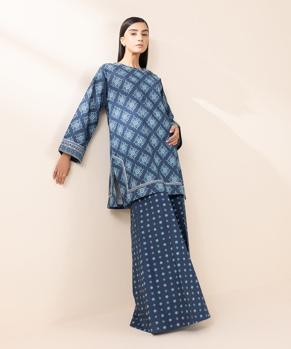 Women's Unstitched Lawn Blue Printed 2 Piece Suit