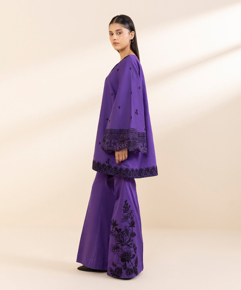 Women's Unstitched Embroidered Purplish Blue Cambric Shirt and Trousers