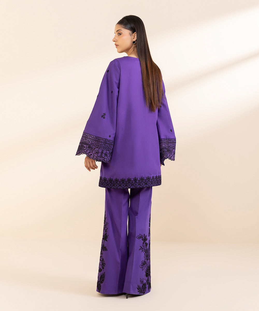 Women's Unstitched Embroidered Purplish Blue Cambric Shirt and Trousers